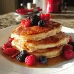 Fluffy Dairy Free Pancakes with Syrup and Berries in an American Kitchen