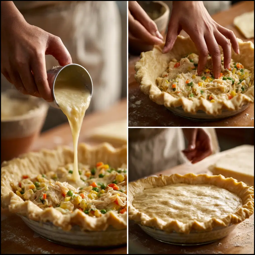 Assembling a dairy free chicken pot pie