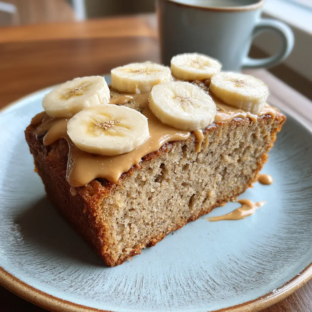 Slice of dairy free banana bread with almond butter and banana topping