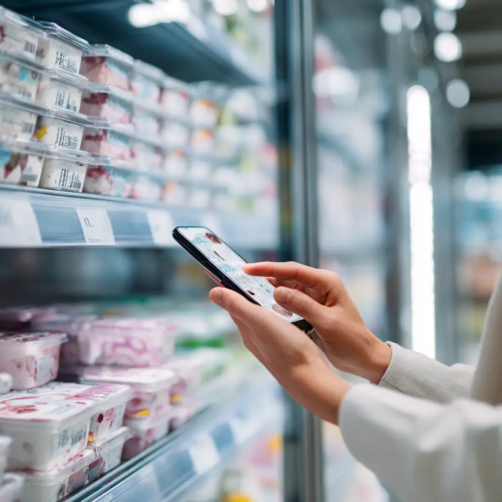Person checking dairy content in sherbet ingredients