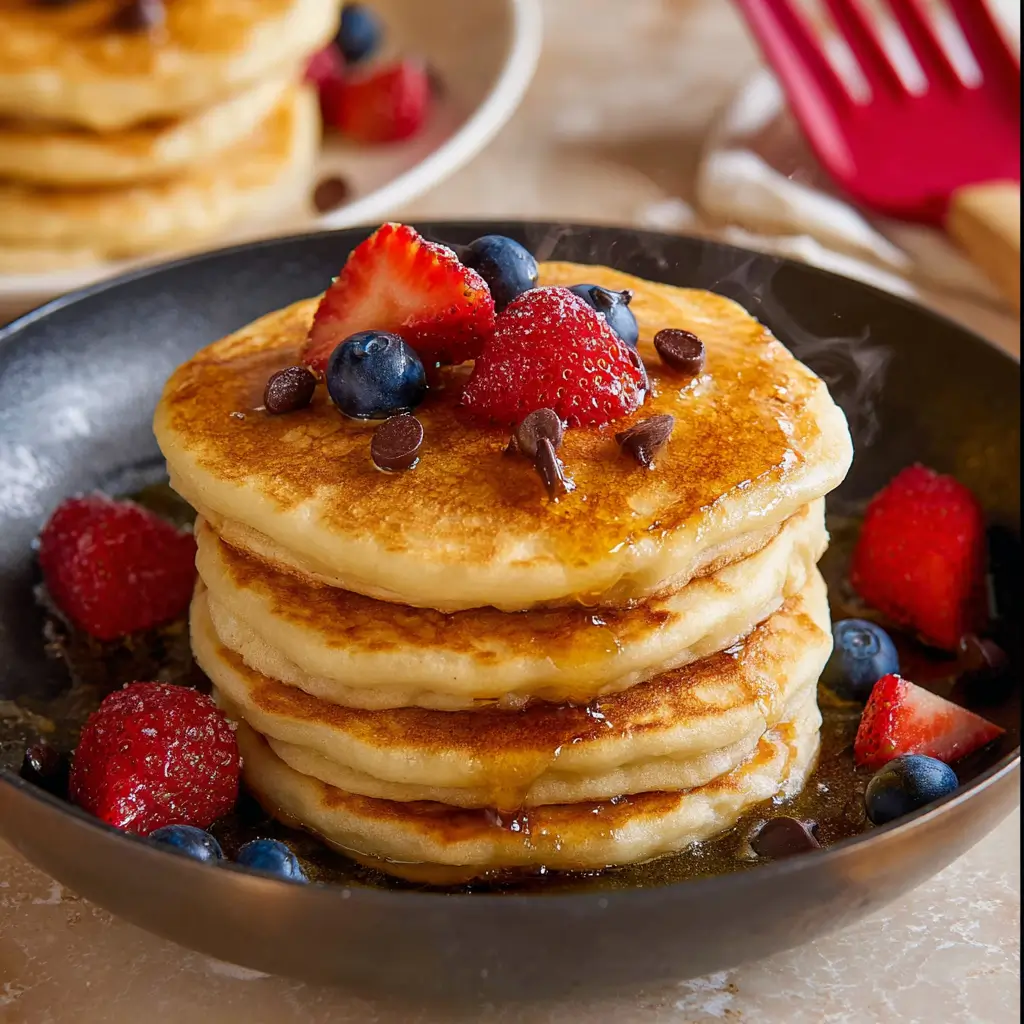 Fluffy Dairy Free Pancakes with Syrup and Berries