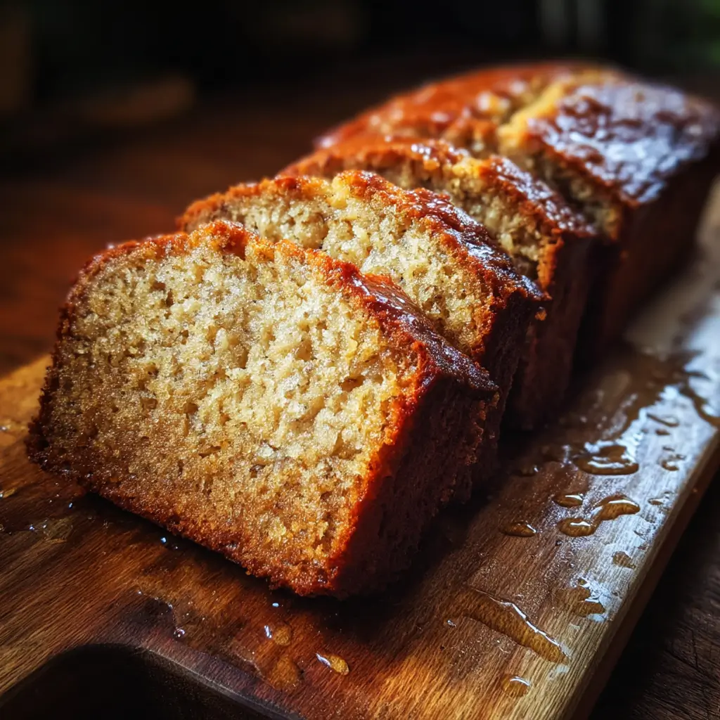 Dairy free banana bread fresh out of the oven sliced on a wooden board