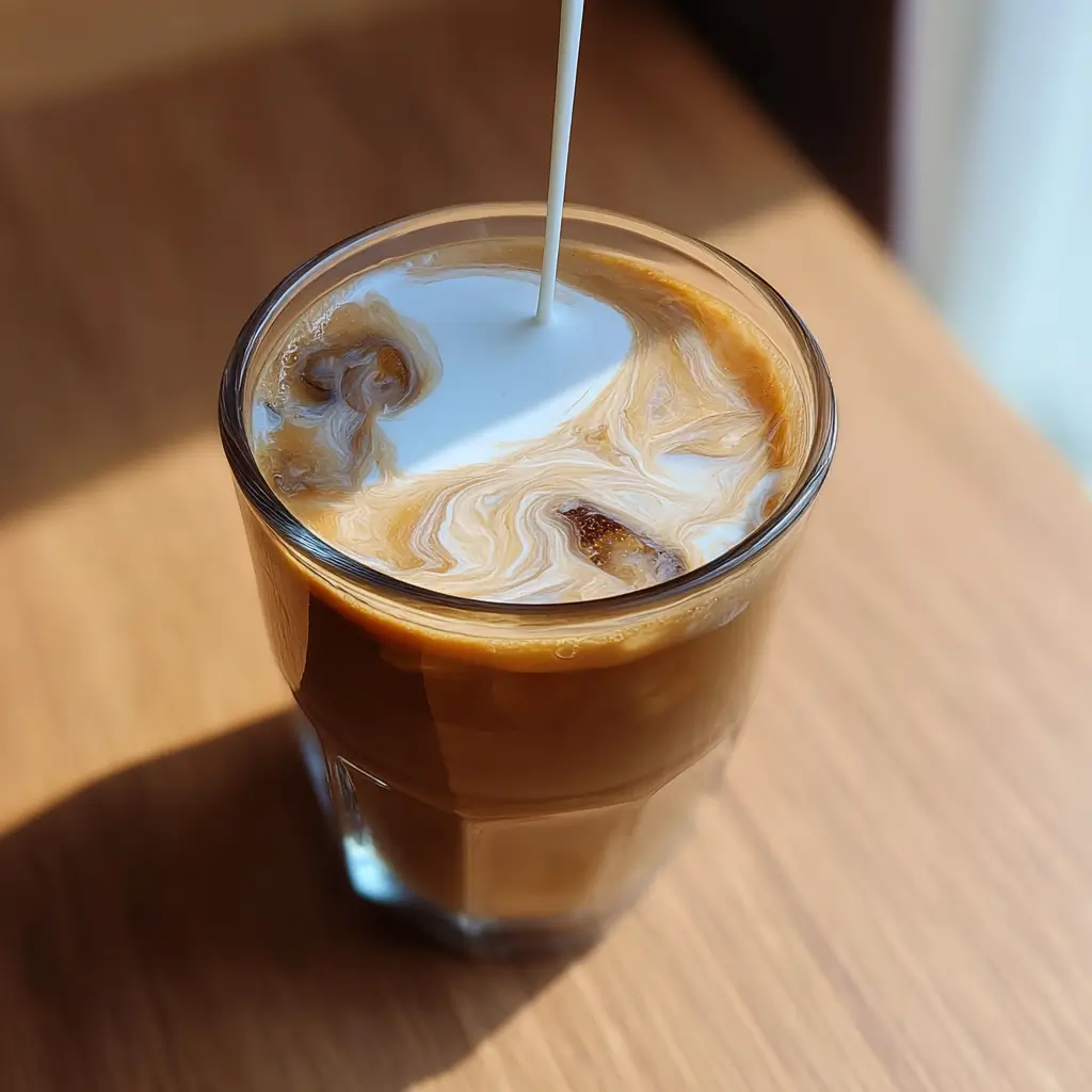 Dairy free coffee creamer poured into hot coffee in morning light