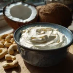 Homemade dairy free cream in a ceramic bowl with coconut and cashew