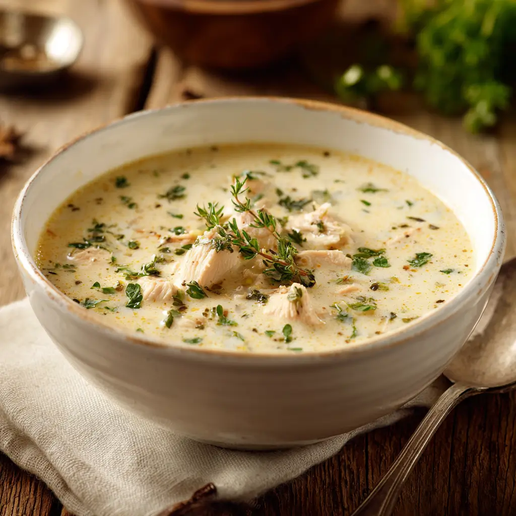 dairy free cream of chicken soup in rustic bowl