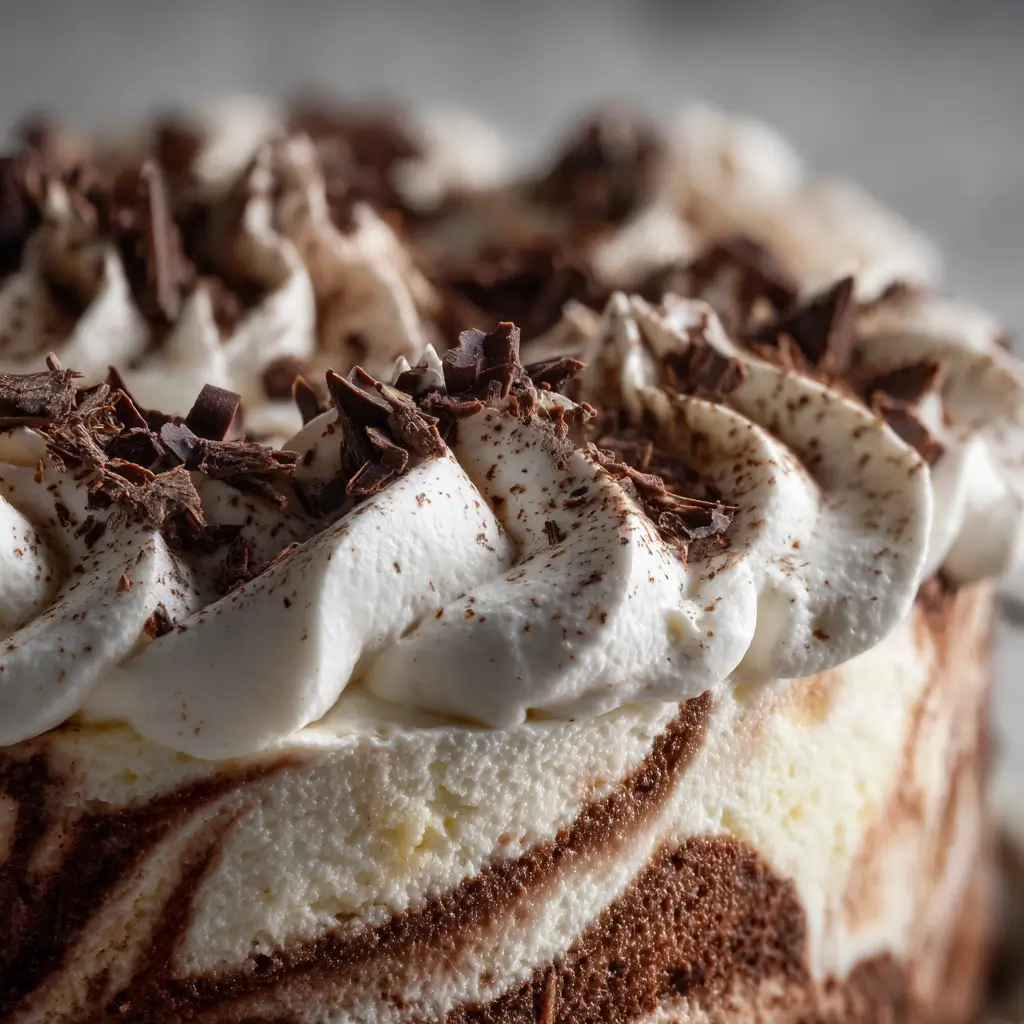 Layered dairy free ice cream cake with cookie crumble and chocolate drizzle