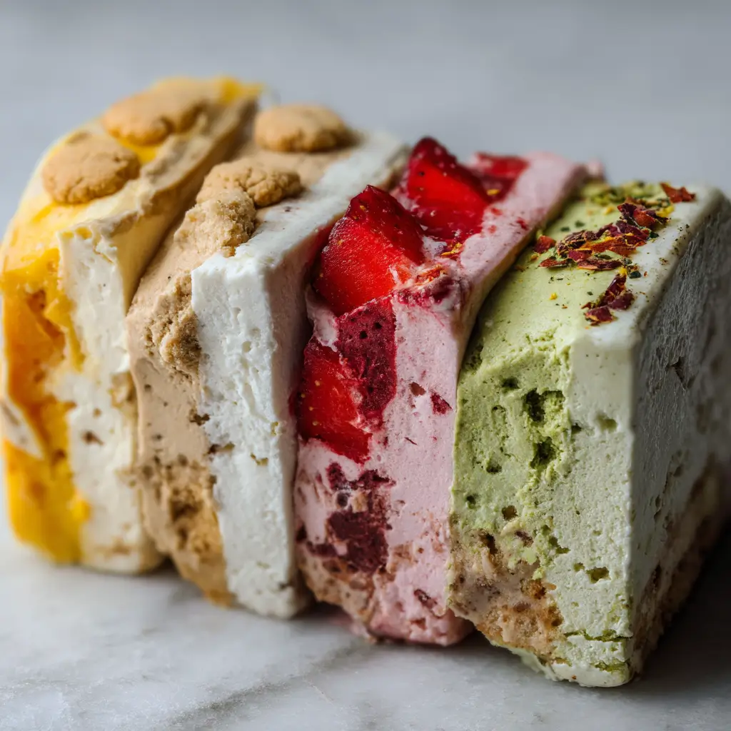 Slices of flavored dairy free ice cream cake