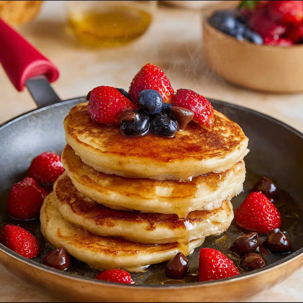 Cooking Dairy Free Pancakes with Chocolate Chips and Fruit
