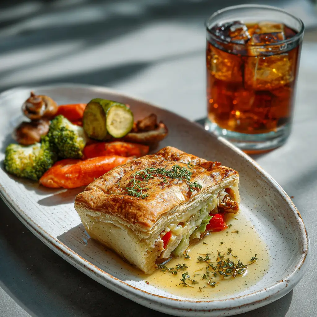 Plated dairy free chicken pot pie with side dishes