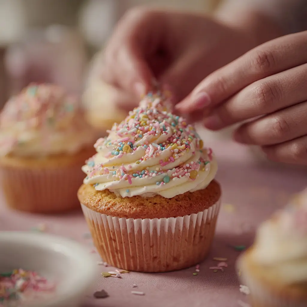 Decorating dairy free cupcakes with vegan frosting