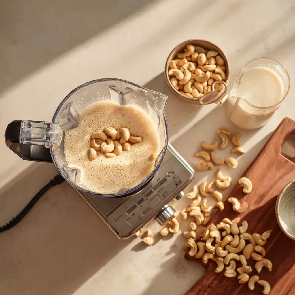 Making homemade cashew cream using a blender