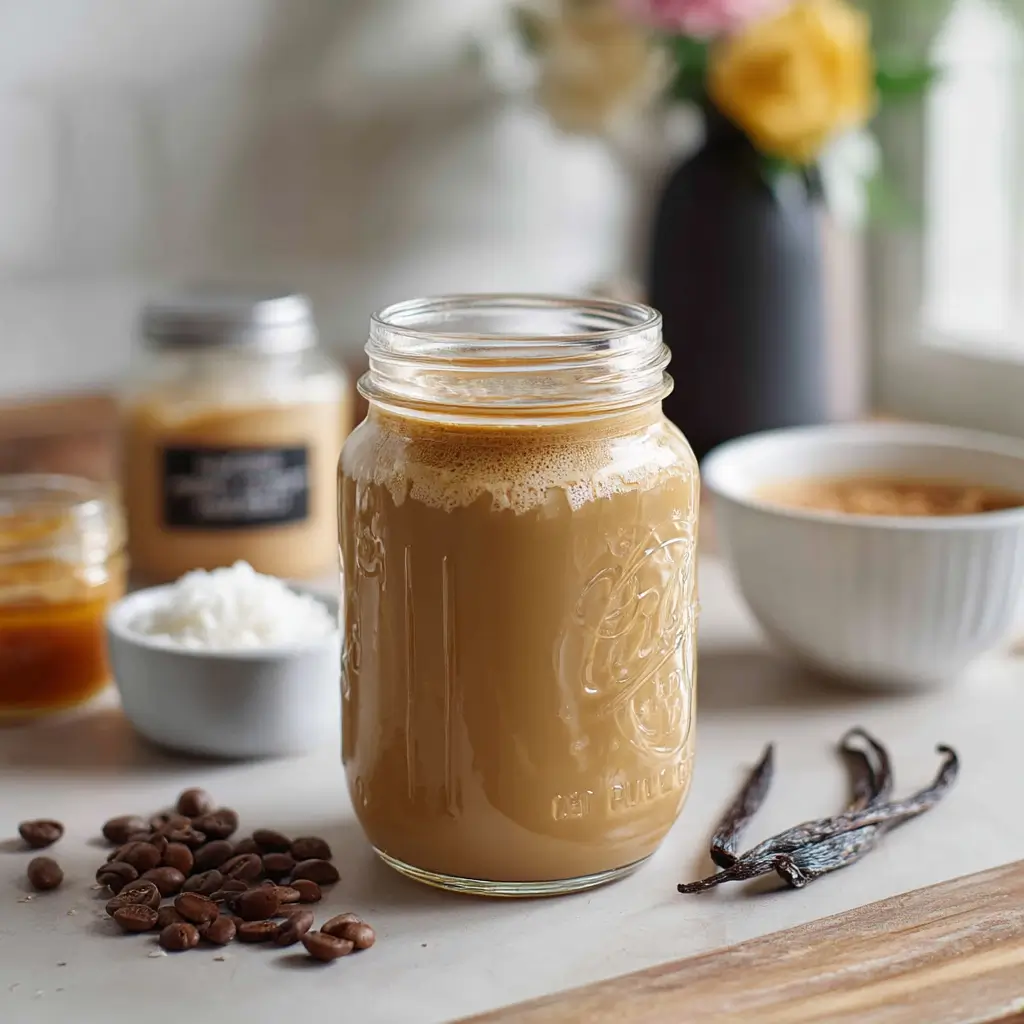 Homemade dairy free coffee creamer in mason jar with ingredients