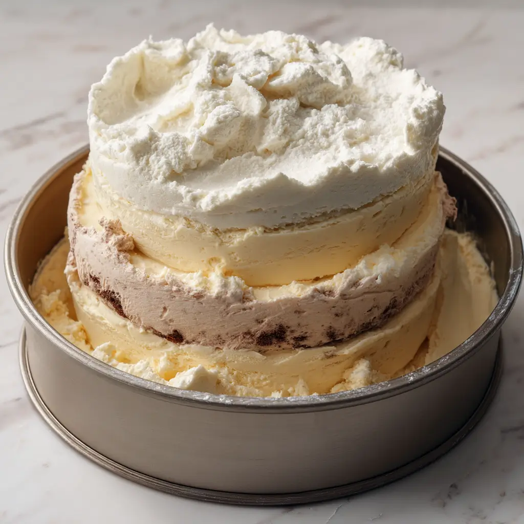 Layering dairy free ice cream cake in a springform pan