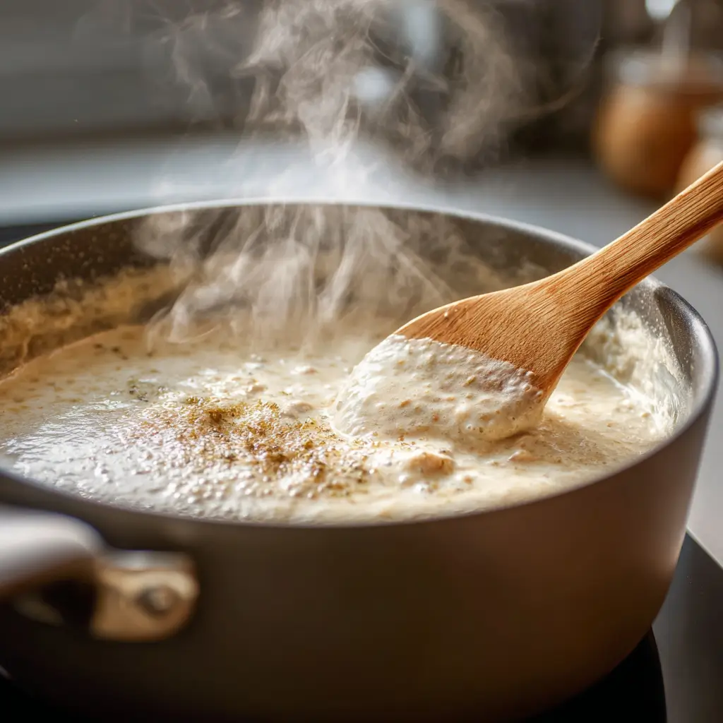 stirring dairy free cream of chicken soup on stovetop