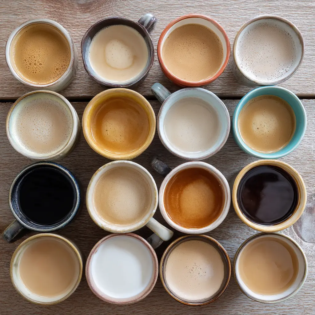 Cups of different flavored dairy free coffee creamers on table