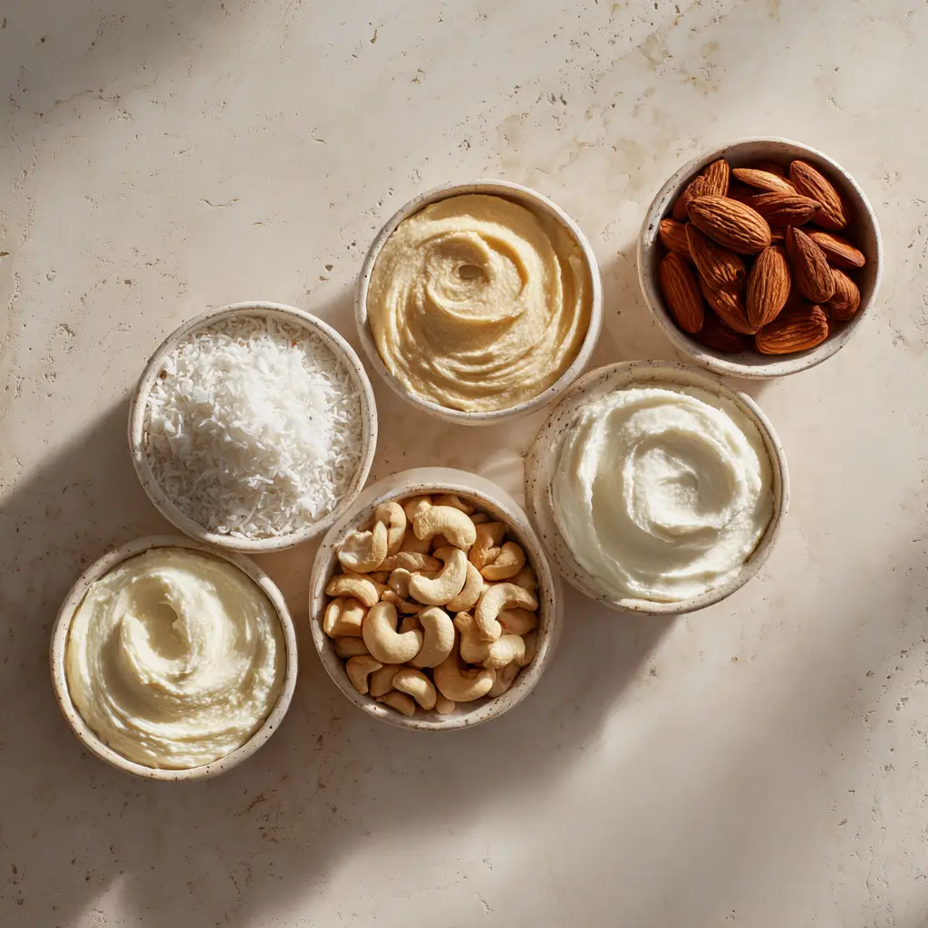 Different types of dairy free cream in labeled bowls