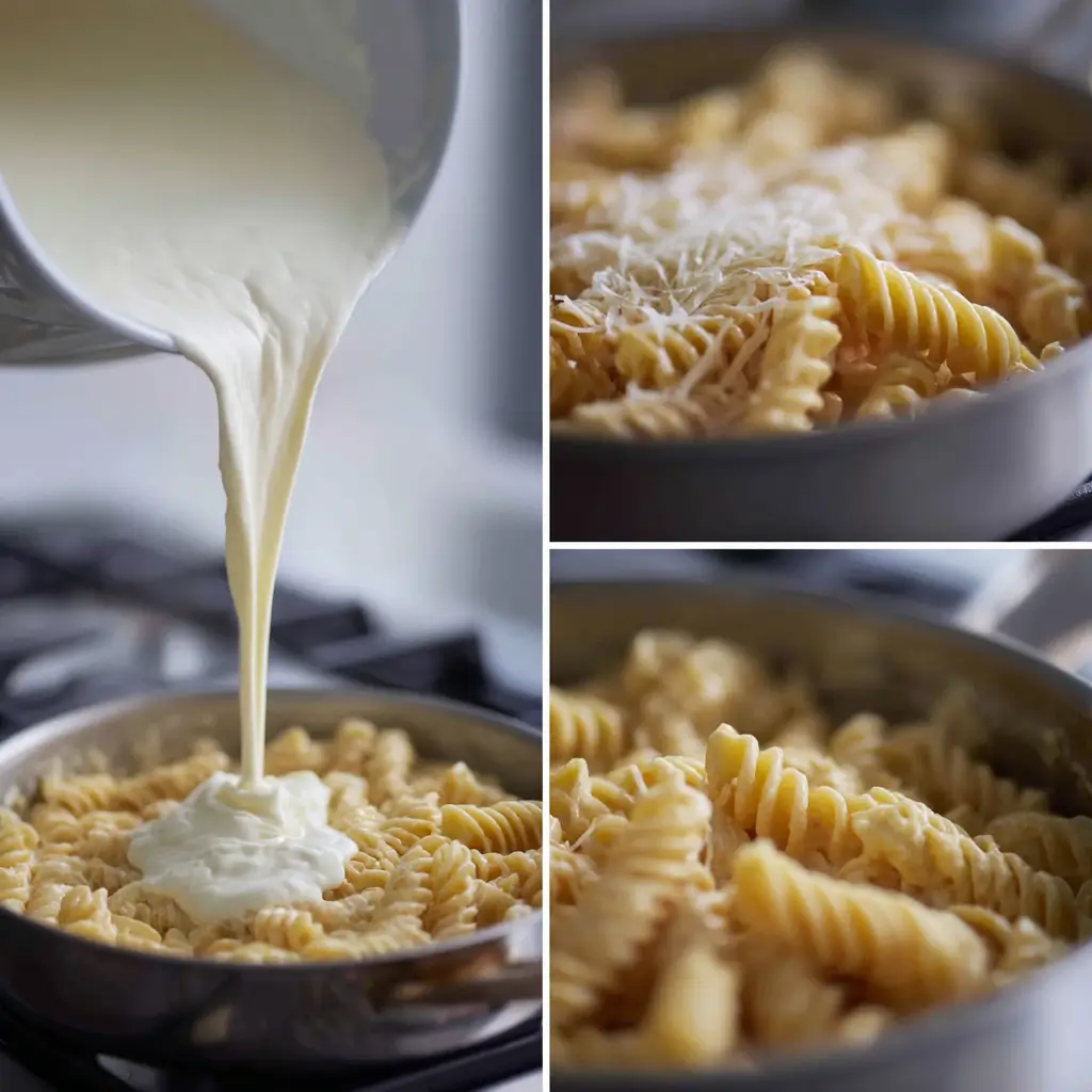 Pouring Vegan Cheese Sauce on Pasta