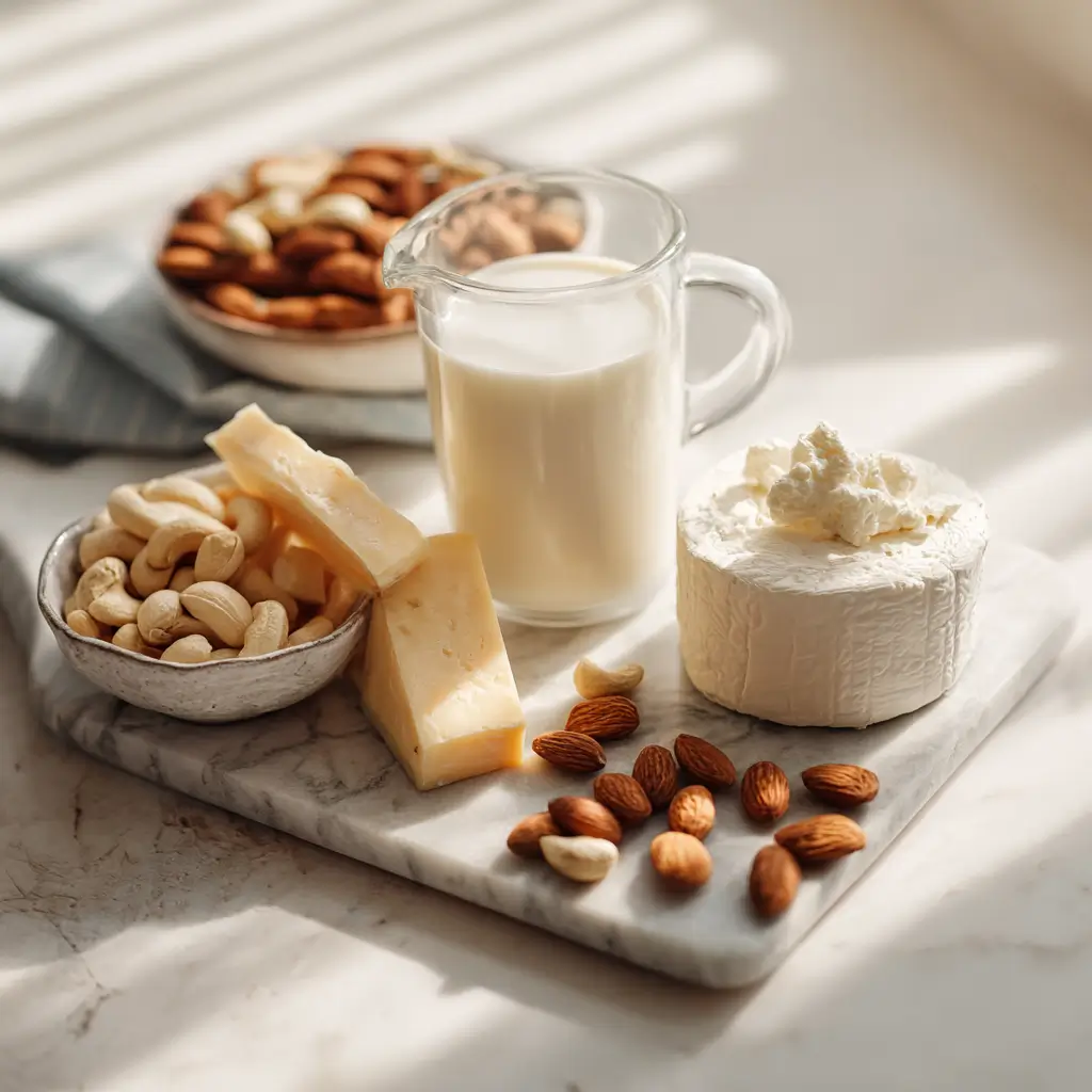 vegan dairy-free foods on marble countertop