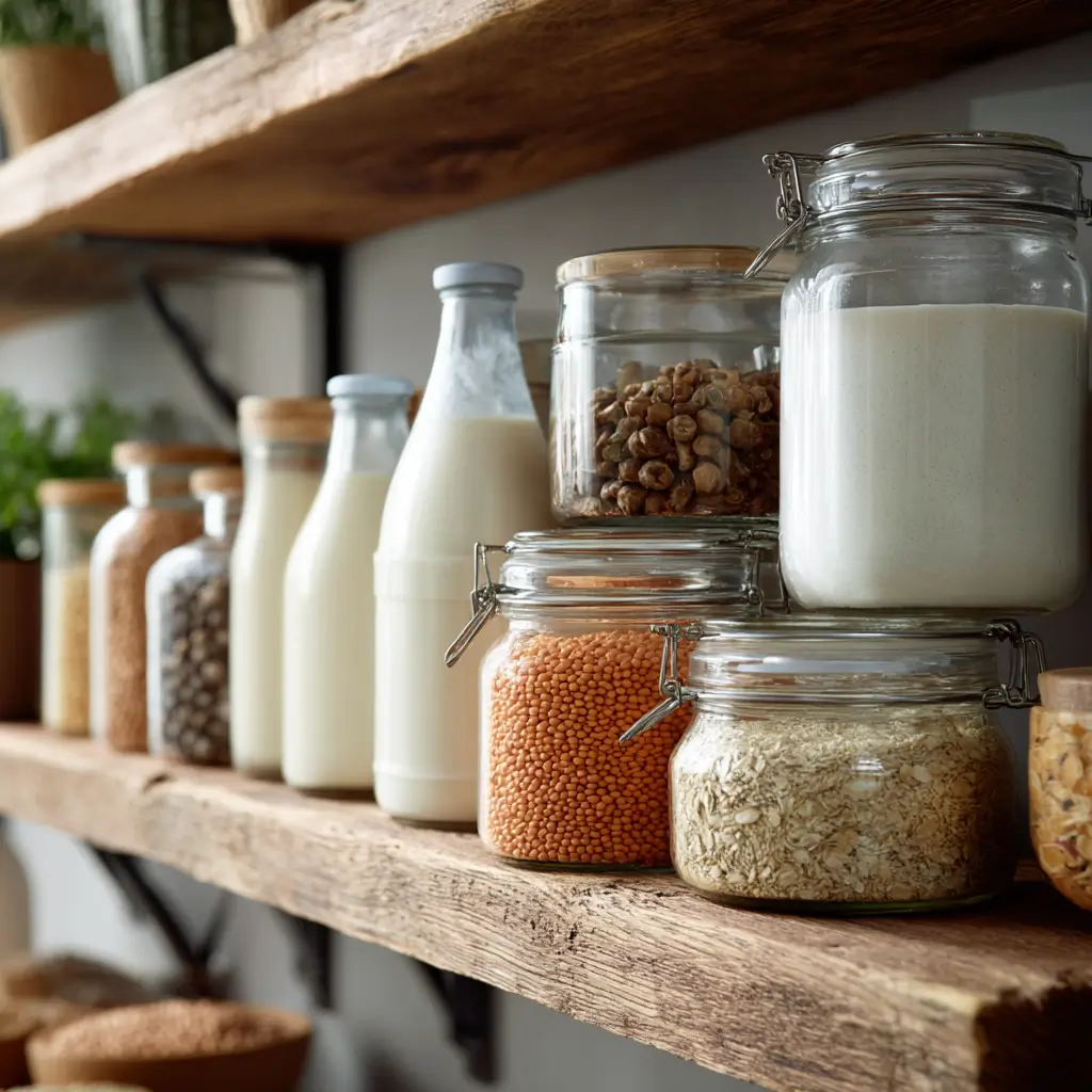 stocked vegan dairy-free pantry shelf