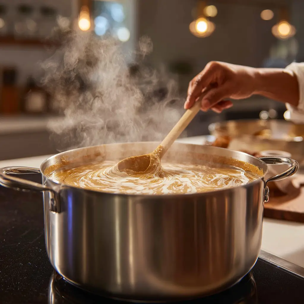stirring Tarija peanut soup on stove