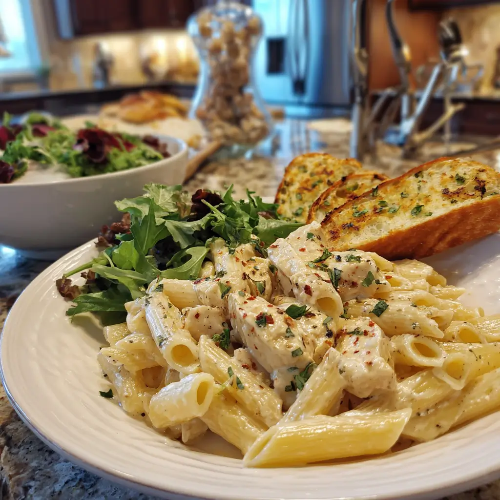 plated crack chicken penne crock pot with salad
