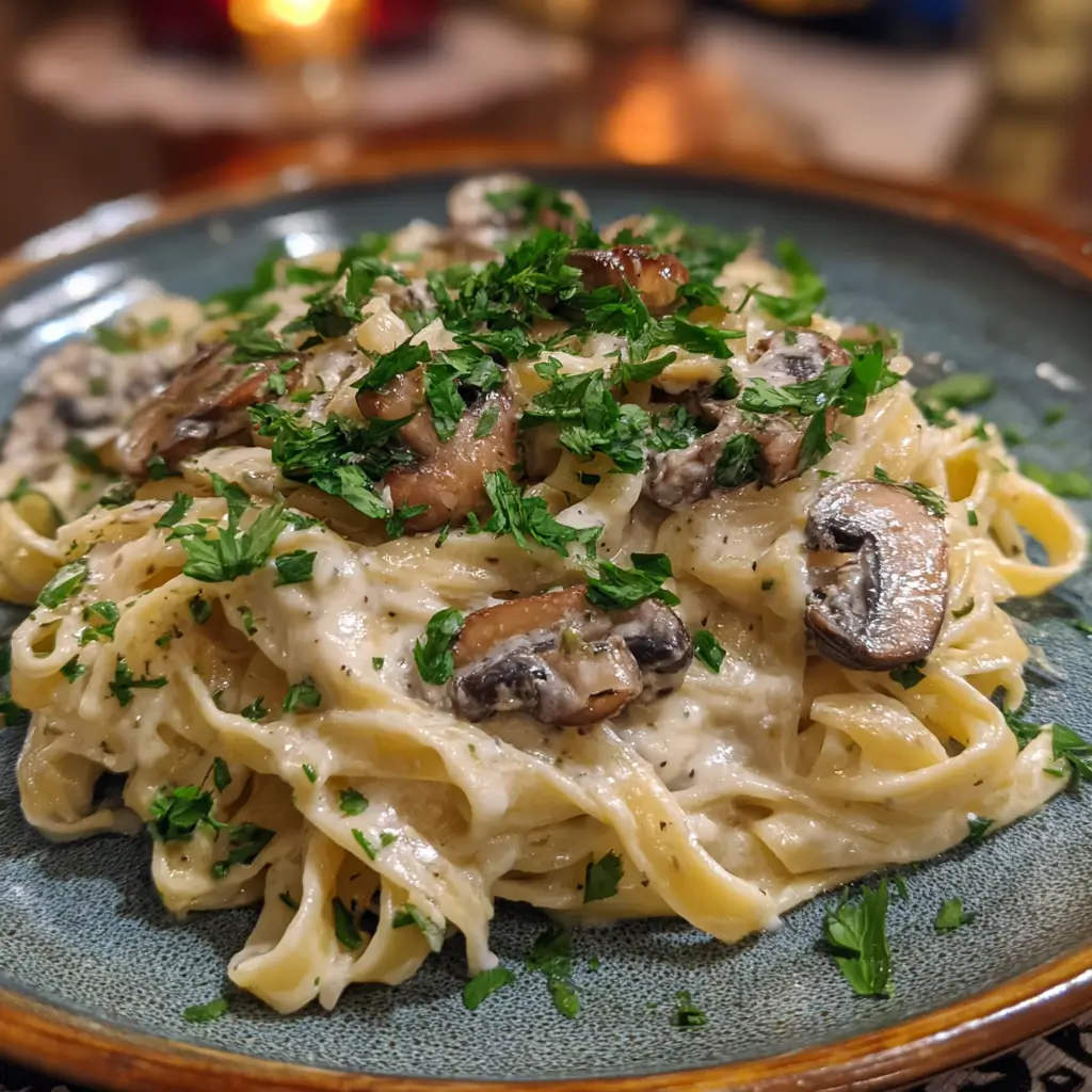 Fettuccine pasta served with dairy-free Alfredo sauce, mushrooms, and parsley