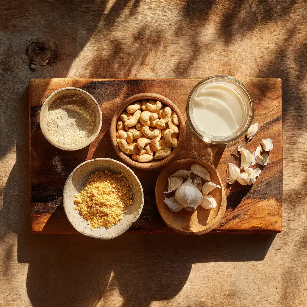 Ingredients for dairy-free Alfredo sauce on a rustic kitchen surface