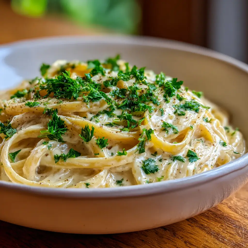 Creamy dairy-free Alfredo sauce in a bowl with parsley garnish