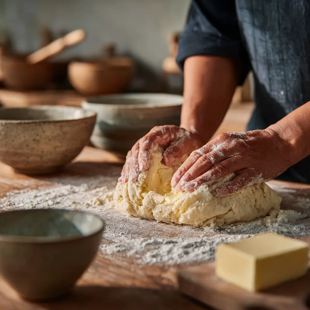 Folding dairy-free croissant dough with vegan butter