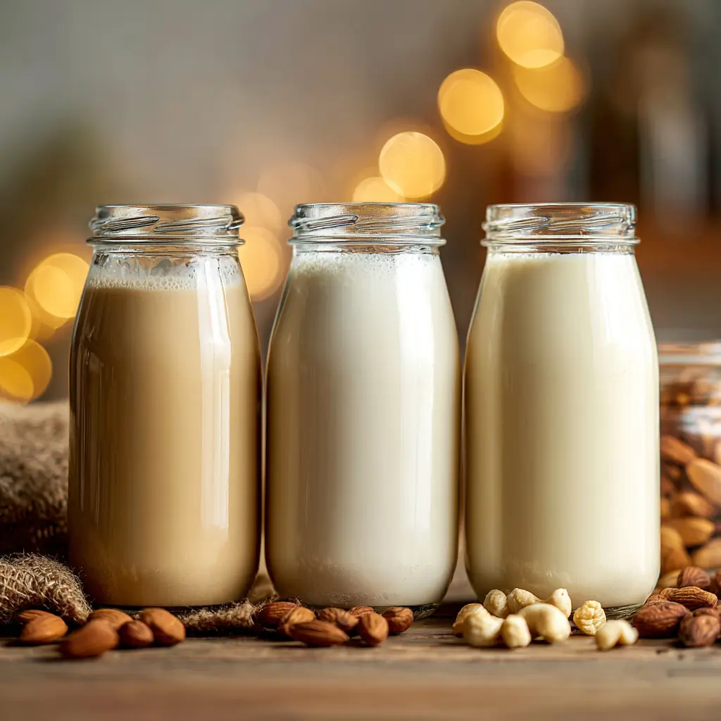 Comparison of almond, oat, and cashew milk in labeled jars