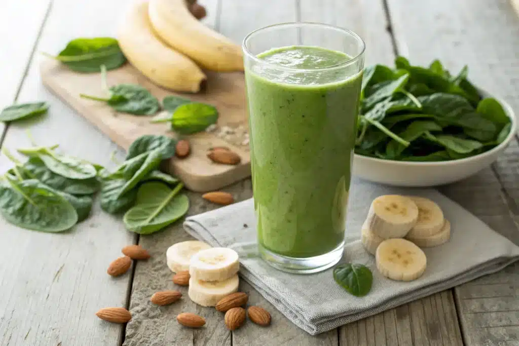 Fresh ingredients for green smoothie including baby spinach, sliced banana, almond milk, chia seeds, and honey on a marble countertop