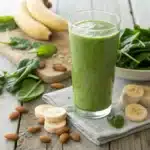 Fresh ingredients for green smoothie including baby spinach, sliced banana, almond milk, chia seeds, and honey on a marble countertop