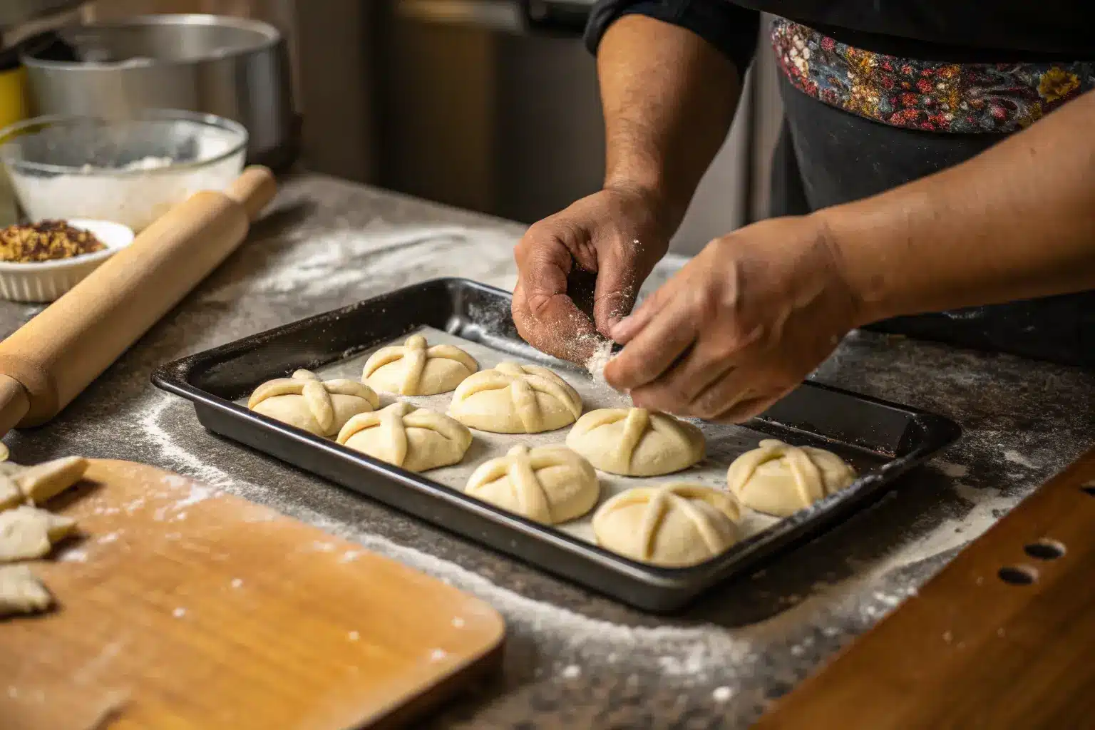 -baker-shaping-bone-like-dough-pieces-on-pan-de-mu