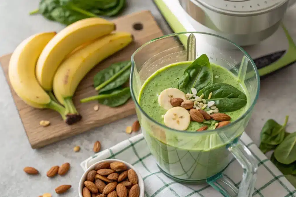 Fresh ingredients for green smoothie including baby spinach, sliced banana, almond milk, chia seeds, and honey on a marble countertop