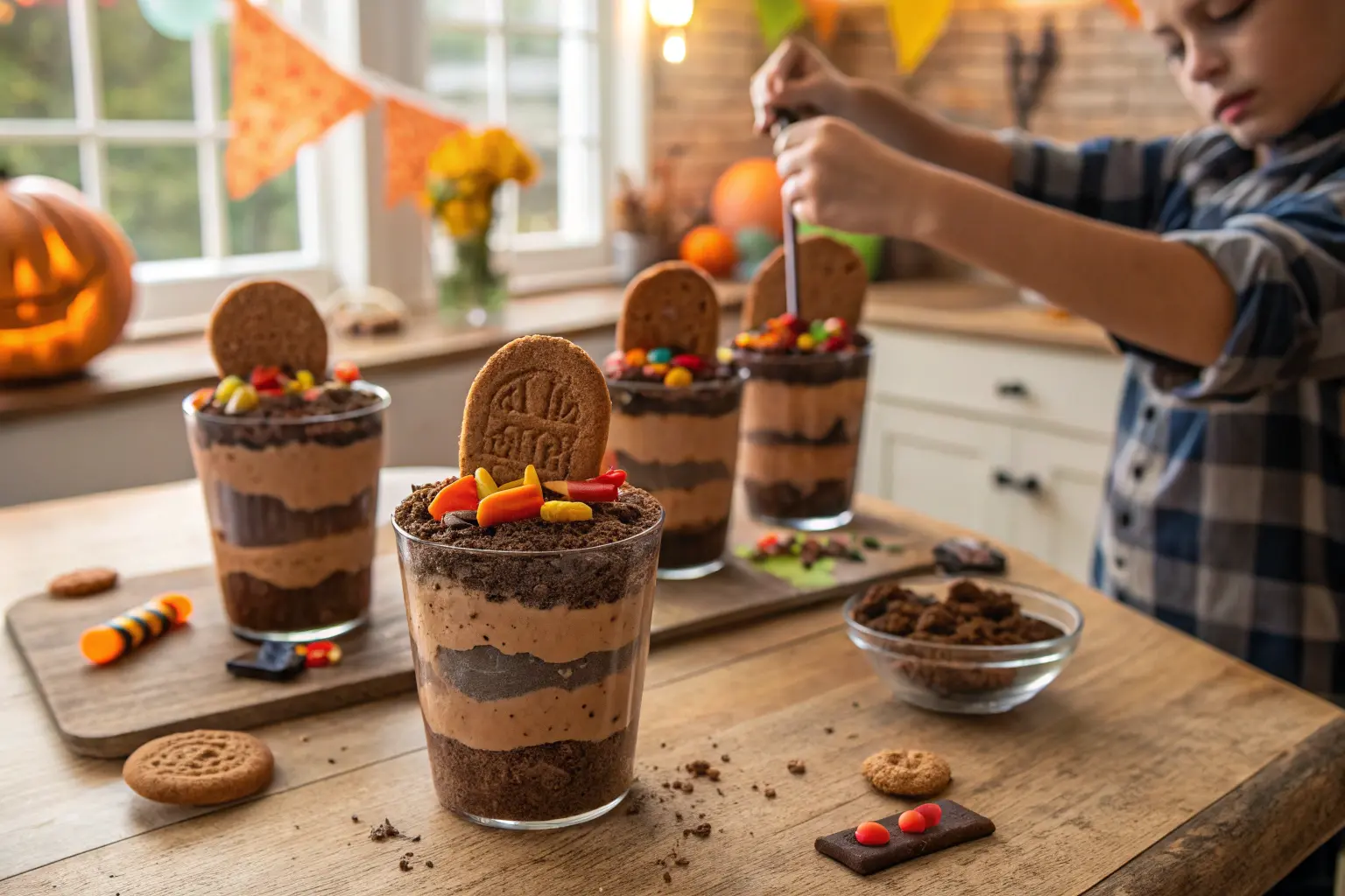 <br><p>Graveyard Dirt Cups are a fun and easy no-bake Halloween dessert.</p>