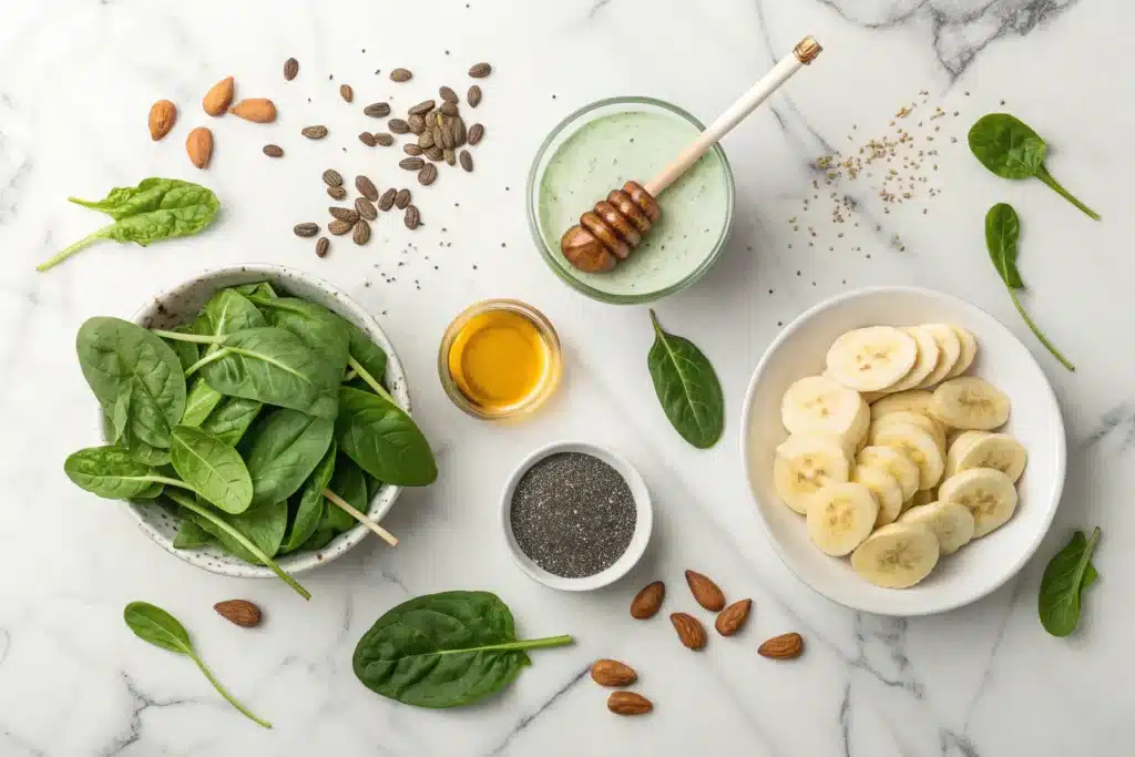Fresh ingredients for green smoothie including baby spinach, sliced banana, almond milk, chia seeds, and honey on a marble countertop