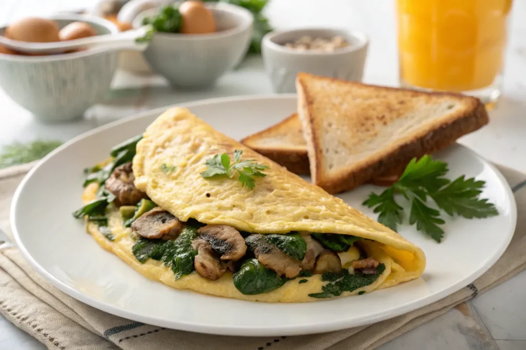 lose-up of a vegetable omelet with spinach and mushrooms, golden and folded on a plate