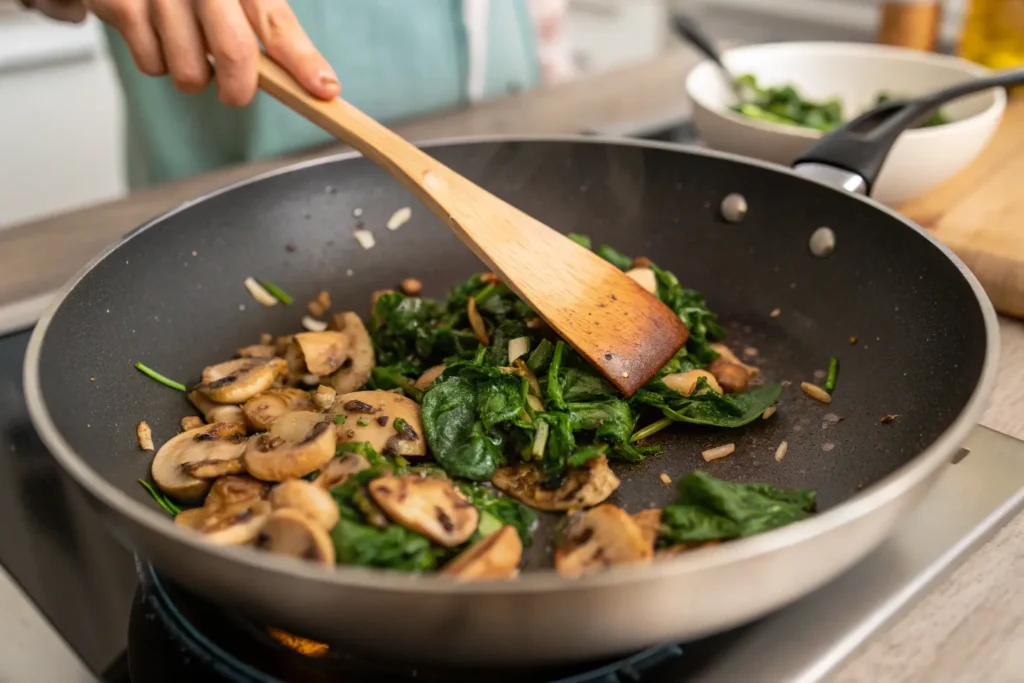lose-up of a vegetable omelet with spinach and mushrooms, golden and folded on a plate