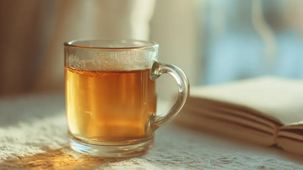 A clear glass mug with warm gelatin drink on counter