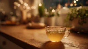 Warm gelatin drink in a quiet kitchen at night