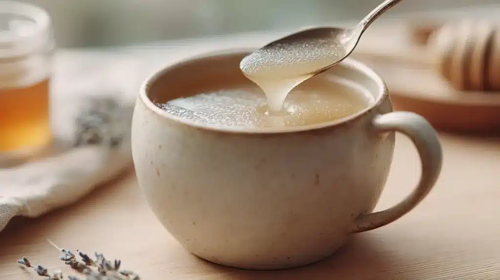 A warm gelatin drink stirred in a ceramic mug