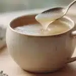 A warm gelatin drink stirred in a ceramic mug